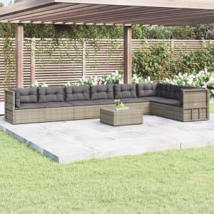 vidaXL VidaXL 8 Piece Patio Lounge Set with Cushions Gray Poly Rattan 1