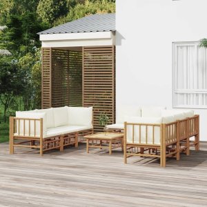 vidaXL VidaXL 9 Piece Patio Lounge Set with Cream White Cushions Bamboo 1