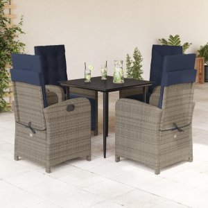 vidaXL VidaXL 5 Piece Patio Dining Set with Cushions Gray Poly Rattan 1