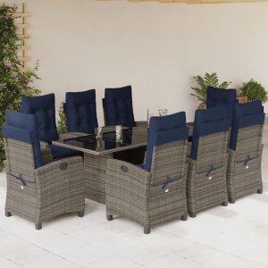 vidaXL VidaXL 9 Piece Patio Dining Set with Cushions Gray Poly Rattan 1