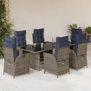 vidaXL VidaXL 7 Piece Patio Dining Set with Cushions Gray Poly Rattan 1