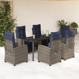 vidaXL VidaXL 7 Piece Patio Dining Set with Cushions Gray Poly Rattan 1