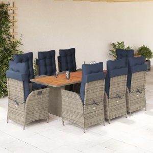 vidaXL VidaXL 9 Piece Patio Dining Set with Cushions Gray Poly Rattan 1