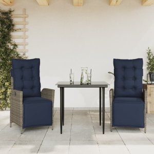 vidaXL VidaXL 3 Piece Patio Dining Set with Cushions Gray Poly Rattan 1