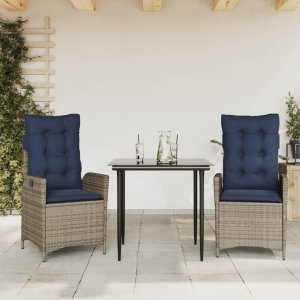 vidaXL VidaXL 3 Piece Patio Dining Set with Cushions Gray Poly Rattan 1