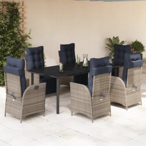 vidaXL VidaXL 7 Piece Patio Dining Set with Cushions Gray Poly Rattan 1