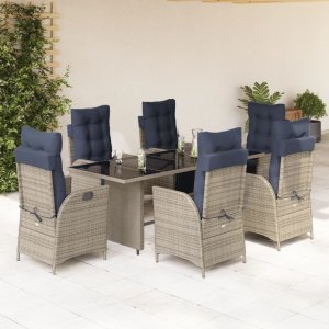 vidaXL VidaXL 7 Piece Patio Dining Set with Cushions Gray Poly Rattan 1