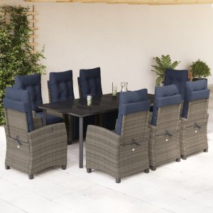 vidaXL VidaXL 9 Piece Patio Dining Set with Cushions Gray Poly Rattan 1