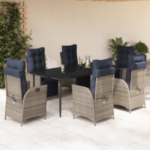 vidaXL VidaXL 7 Piece Patio Dining Set with Cushions Gray Poly Rattan 1