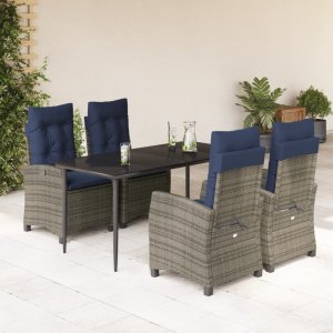 vidaXL VidaXL 5 Piece Patio Dining Set with Cushions Gray Poly Rattan 1