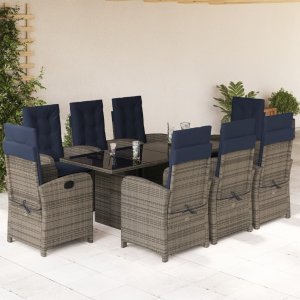 vidaXL VidaXL 9 Piece Patio Dining Set with Cushions Gray Poly Rattan 1