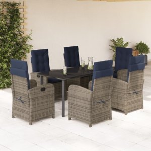 vidaXL VidaXL 7 Piece Patio Dining Set with Cushions Gray Poly Rattan 1