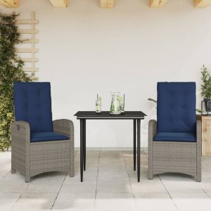 vidaXL VidaXL 3 Piece Patio Dining Set with Cushions Gray Poly Rattan 1