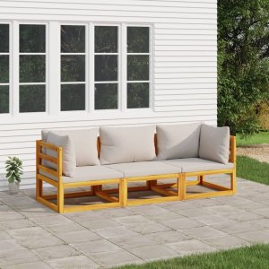 vidaXL VidaXL 3 Piece Patio Lounge Set with Light Gray Cushions Solid Wood 1