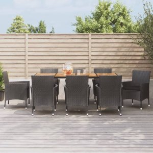 vidaXL VidaXL 9 Piece Patio Dining Set with Cushions Black Poly Rattan 1