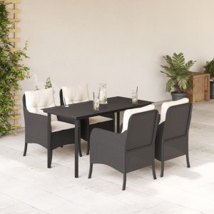 vidaXL VidaXL 5 Piece Patio Dining Set with Cushions Black Poly Rattan 1