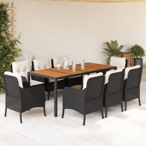 vidaXL VidaXL 9 Piece Patio Dining Set with Cushions Black Poly Rattan 1