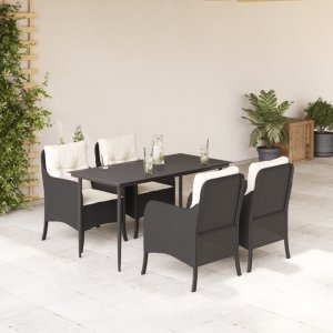 vidaXL VidaXL 5 Piece Patio Dining Set with Cushions Black Poly Rattan 1