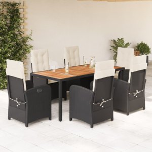 vidaXL VidaXL 7 Piece Patio Dining Set with Cushions Black Poly Rattan 1