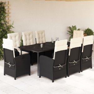 vidaXL VidaXL 9 Piece Patio Dining Set with Cushions Black Poly Rattan 1