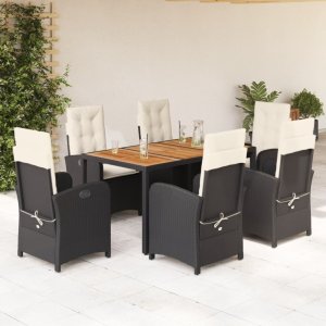 vidaXL VidaXL 7 Piece Patio Dining Set with Cushions Black Poly Rattan 1