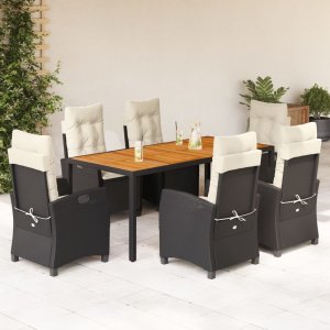 vidaXL VidaXL 7 Piece Patio Dining Set with Cushions Black Poly Rattan 1