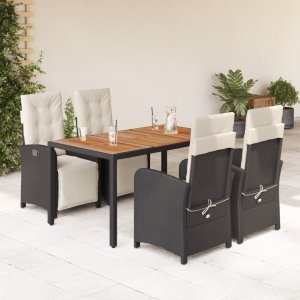 vidaXL VidaXL 5 Piece Patio Dining Set with Cushions Black Poly Rattan 1