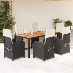 vidaXL VidaXL 7 Piece Patio Dining Set with Cushions Black Poly Rattan 1