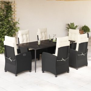 vidaXL VidaXL 7 Piece Patio Dining Set with Cushions Black Poly Rattan 1