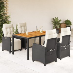 vidaXL VidaXL 5 Piece Patio Dining Set with Cushions Black Poly Rattan 1