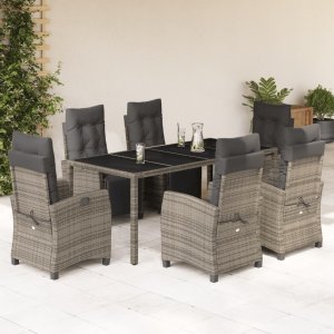 vidaXL VidaXL 7 Piece Patio Dining Set with Cushions Gray Poly Rattan 1