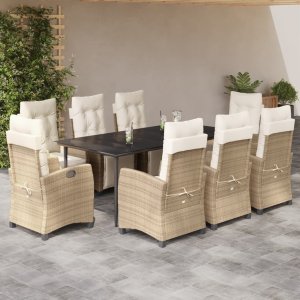 vidaXL VidaXL 9 Piece Patio Dining Set with Cushions Beige Poly Rattan 1