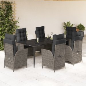 vidaXL VidaXL 7 Piece Patio Dining Set with Cushions Gray Poly Rattan 1