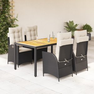 vidaXL VidaXL 5 Piece Patio Dining Set with Cushions Black Poly Rattan 1