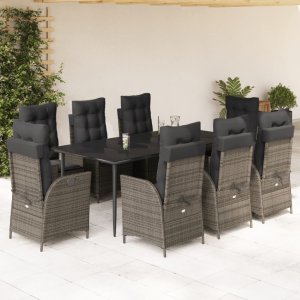 vidaXL VidaXL 9 Piece Patio Dining Set with Cushions Gray Poly Rattan 1