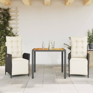 vidaXL VidaXL 3 Piece Patio Dining Set with Cushions Black Poly Rattan 1