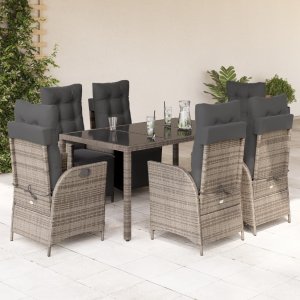 vidaXL VidaXL 7 Piece Patio Dining Set with Cushions Gray Poly Rattan 1