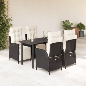 vidaXL VidaXL 5 Piece Patio Dining Set with Cushions Black Poly Rattan 1