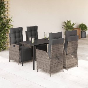 vidaXL VidaXL 5 Piece Patio Dining Set with Cushions Gray Poly Rattan 1