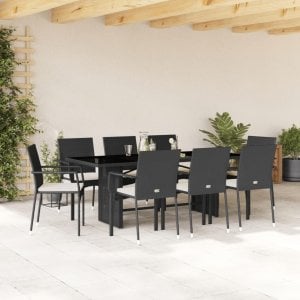 vidaXL VidaXL 9 Piece Patio Dining Set with Cushions Black Poly Rattan 1