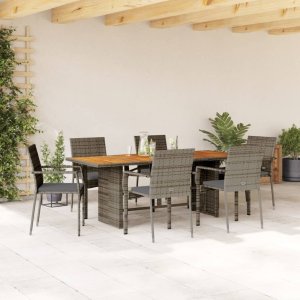 vidaXL VidaXL 7 Piece Patio Dining Set with Cushions Gray Poly Rattan 1