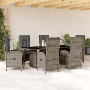 vidaXL VidaXL 7 Piece Patio Dining Set with Cushions Gray Poly Rattan 1