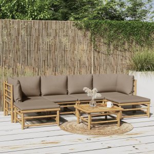 vidaXL VidaXL 7 Piece Patio Lounge Set with Taupe Cushions Bamboo 1