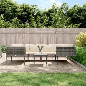 vidaXL VidaXL 7 Piece Patio Lounge Set with Cushions Gray Poly Rattan 1