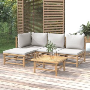 vidaXL VidaXL 5 Piece Patio Lounge Set with Light Gray Cushions Bamboo 1