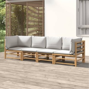 vidaXL VidaXL 4 Piece Patio Lounge Set with Light Gray Cushions Bamboo 1