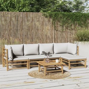 vidaXL VidaXL 6 Piece Patio Lounge Set with Light Gray Cushions Bamboo 1