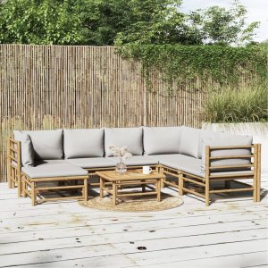 vidaXL VidaXL 8 Piece Patio Lounge Set with Light Gray Cushions Bamboo 1