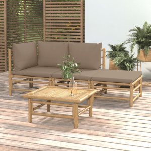 vidaXL VidaXL 4 Piece Patio Lounge Set with Taupe Cushions Bamboo 1