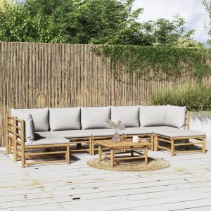 vidaXL VidaXL 8 Piece Patio Lounge Set with Light Gray Cushions Bamboo 1